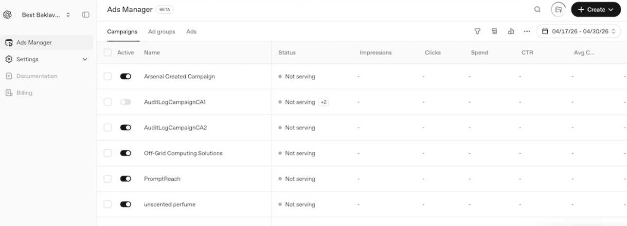 ChatGPT Ads Manager Dashboard